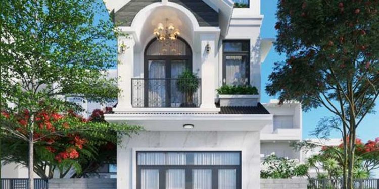 mẫu nhà mái thái 2 tầng mặt tiền 8m đơn giản