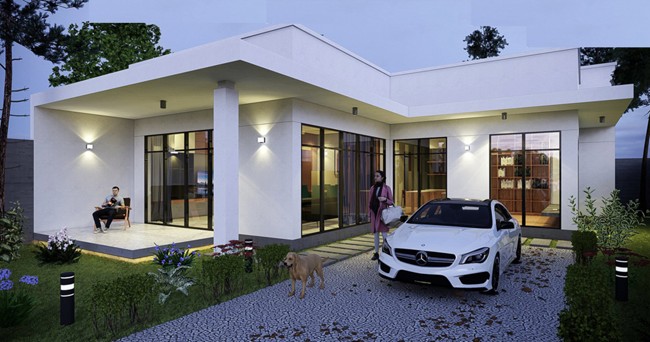 Mẫu nhà cấp 4 nông thôn chữ L mái bằng